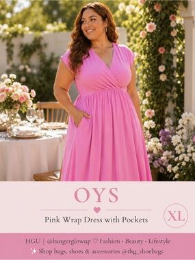 OYS Pink V-Neck Dress with Pockets XL Fit & Flare Empire Waist NWT